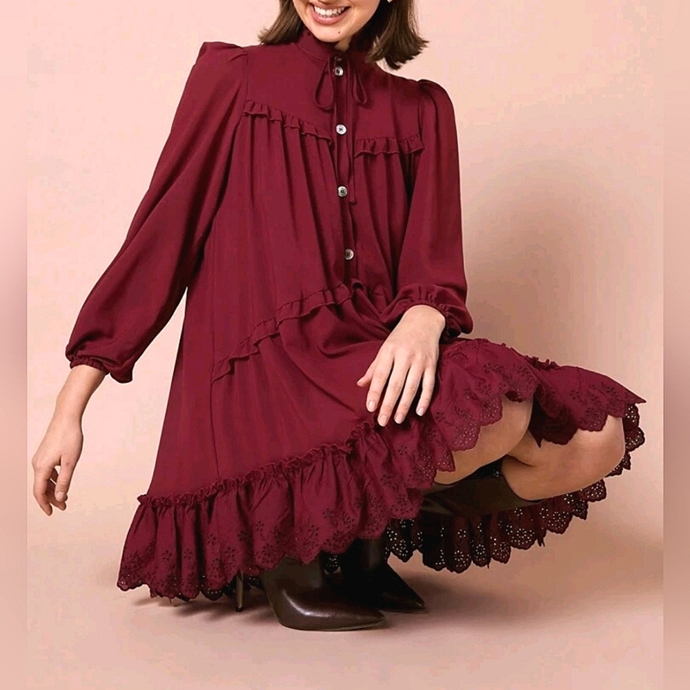 New Boho Eyelet Lace Trim Flowy Smock Dress Burgundy Red